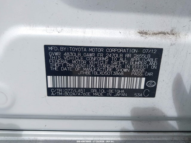 Aukcja sprzedaży 2013 Lexus Gs 350, vin: JTHBE1BLXD5013868, numer aukcji: 45676905