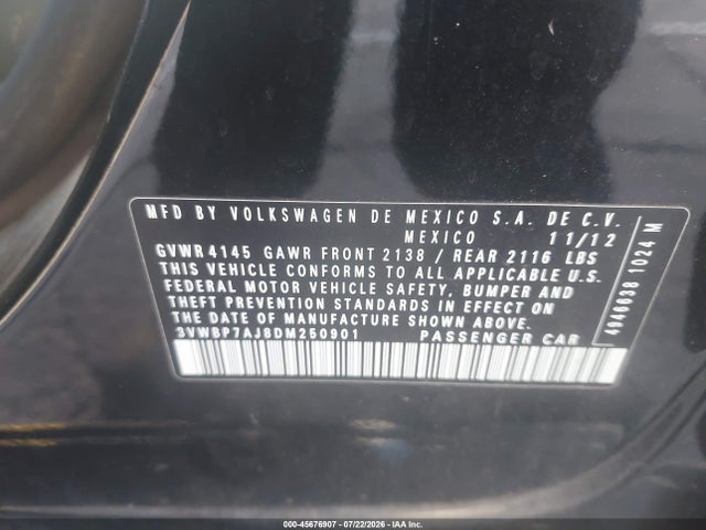 2013 Volkswagen Jetta 2.5l Se მანქანა იყიდება აუქციონზე, vin: 3VWBP7AJ8DM250901, აუქციონის ნომერი: 45676907