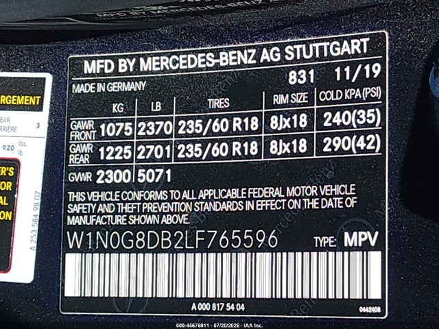 2020 Mercedes-benz Glc 300 მანქანა იყიდება აუქციონზე, vin: W1N0G8DB2LF765596, აუქციონის ნომერი: 45676911