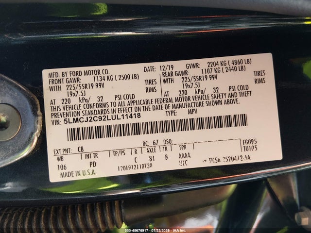 45676917 :رقم المزاد ، 5LMCJ2C92LUL11418 vin ، 2020 Lincoln Corsair Reserve مزاد بيع