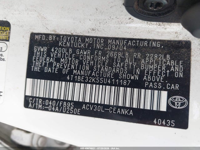 Auction sale of the 2005 Toyota Camry Le, vin: 4T1BE32K55U411187, lot number: 45676921