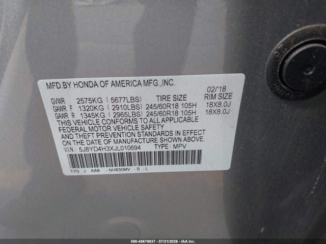 45676937 :رقم المزاد ، 5J8YD4H3XJL010694 vin ، 2018 Acura Mdx مزاد بيع