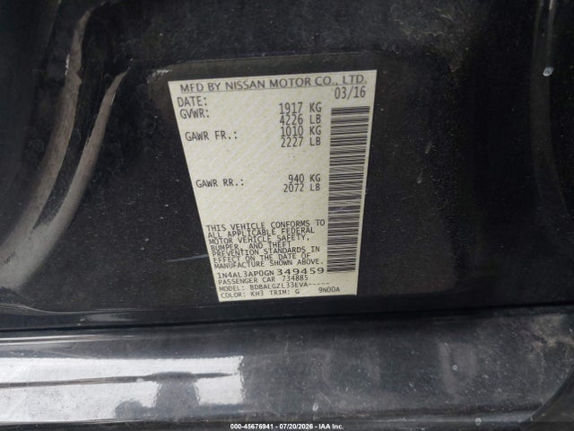 1N4AL3AP0GN349459 Nissan Altima 2.5/2.5 S/2.5 Sl/2.5 Sr/2.5 Sv