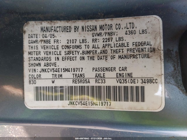 Продаж на аукціоні авто 2005 Infiniti G35, vin: JNKCV54E15M419717, номер лоту: 45676942