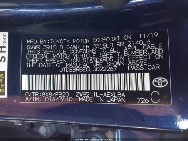 2020 Toyota Corolla Hybrid Le მანქანა იყიდება აუქციონზე, vin: JTDEBRBE0LJ022267, აუქციონის ნომერი: 45676943