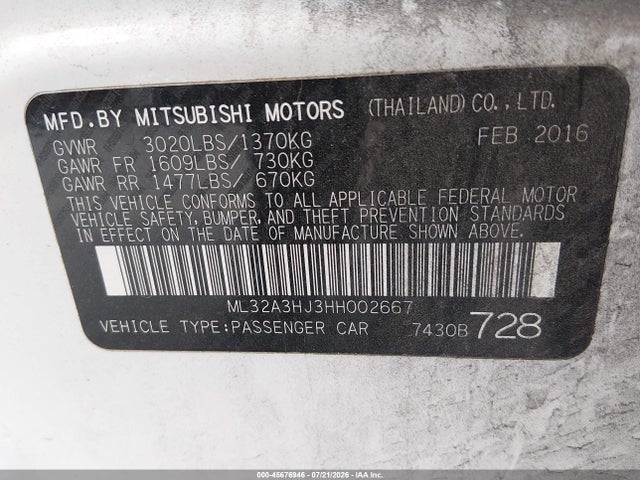 Продажа на аукционе авто 2017 Mitsubishi Mirage Es, vin: ML32A3HJ3HH002667, номер лота: 45676946