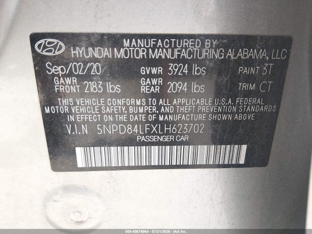 Aukcja sprzedaży 2020 Hyundai Elantra Sel, vin: 5NPD84LFXLH623702, numer aukcji: 45676964