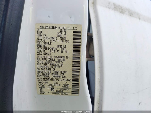 Продаж на аукціоні авто 2001 Nissan Xterra Xe, vin: 5N1ED28Y51C532940, номер лоту: 45676966