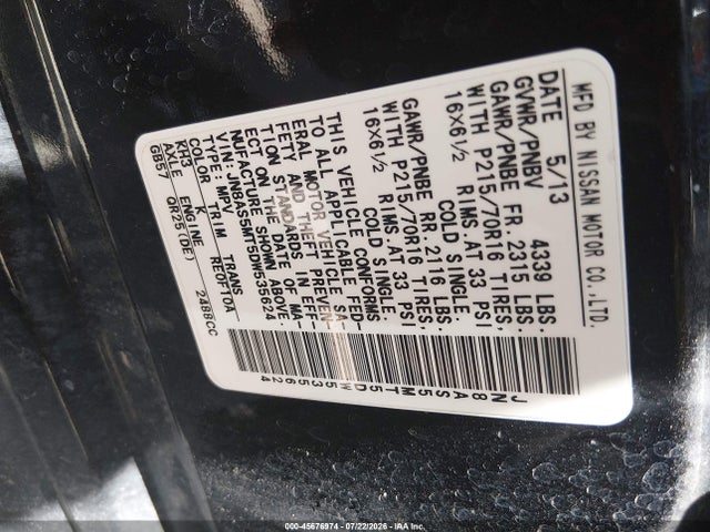 2013 Nissan Rogue S მანქანა იყიდება აუქციონზე, vin: JN8AS5MT5DW535624, აუქციონის ნომერი: 45676974