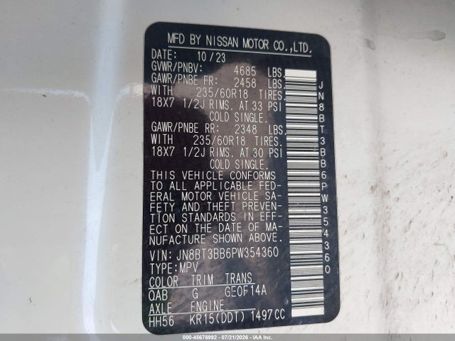2023 Nissan Rogue Sv Intelligent Awd მანქანა იყიდება აუქციონზე, vin: JN8BT3BB6PW354360, აუქციონის ნომერი: 45676992