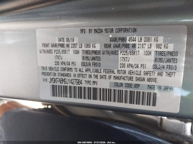 Aukcja sprzedaży 2018 Mazda Cx-5 Sport, vin: JM3KFABM9J1427984, numer aukcji: 45676995