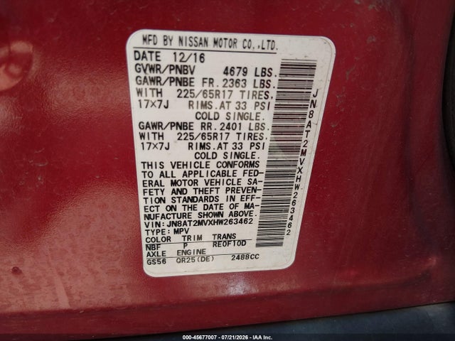Продаж на аукціоні авто 2017 Nissan Rogue S, vin: JN8AT2MVXHW263462, номер лоту: 45677007