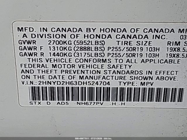 Aukcja sprzedaży 2013 Acura Mdx Advance Package, vin: 2HNYD2H63DH524704, numer aukcji: 45677011