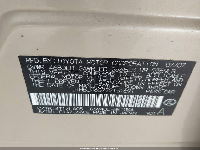 45677012 :رقم المزاد ، JTHBJ46G772151691 vin ، 2007 Lexus Es 350 مزاد بيع