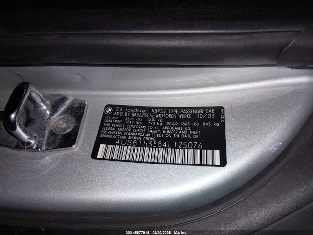 Продажа на аукционе авто 2004 Bmw Z4 3.0i, vin: 4USBT53584LT25076, номер лота: 45677014