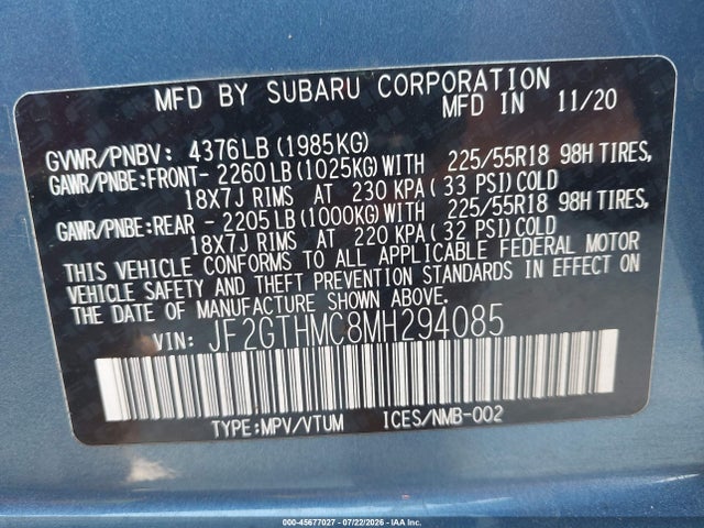 Продаж на аукціоні авто 2021 Subaru Crosstrek Limited, vin: JF2GTHMC8MH294085, номер лоту: 45677027
