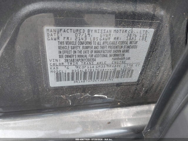 Nissan SENTRA S 2019 3N1AB7AP2KY388394 Image 9