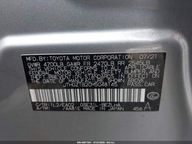 2021 Lexus Is 350 F Sport მანქანა იყიდება აუქციონზე, vin: JTHGZ1B20M5048145, აუქციონის ნომერი: 45677041