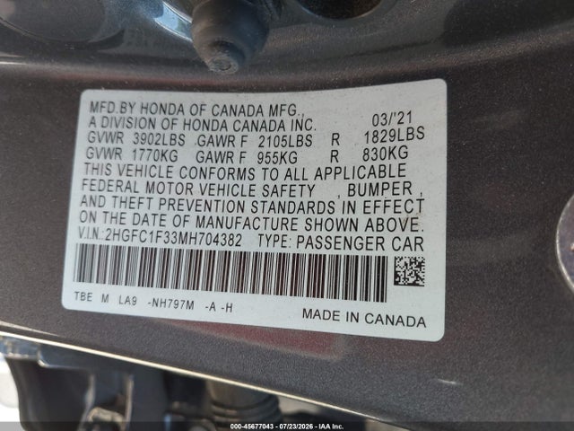 Honda CIVIC EX 2021 2HGFC1F33MH704382 Image 9
