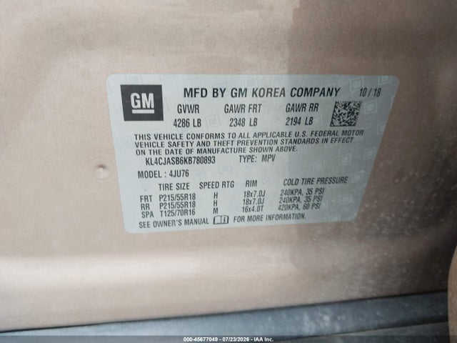 Продаж на аукціоні авто 2019 Buick Encore Fwd Preferred, vin: KL4CJASB6KB780893, номер лоту: 45677049