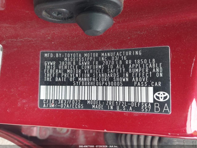 Aukcja sprzedaży 2016 Toyota Corolla S Plus, vin: 5YFBURHE0GP490005, numer aukcji: 45677058