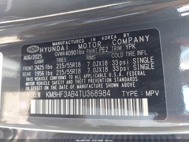 Продажа на аукционе авто 2026 Hyundai Kona Sel Sport, vin: KM8HF3AB4TU368984, номер лота: 45677067