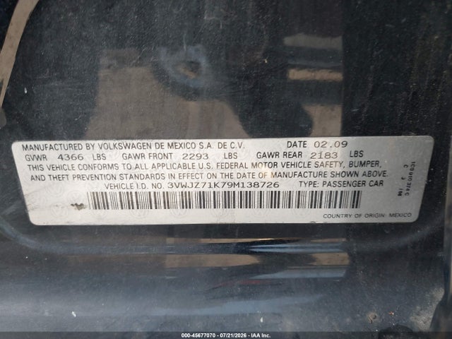 2009 Volkswagen Jetta S მანქანა იყიდება აუქციონზე, vin: 3VWJZ71K79M138726, აუქციონის ნომერი: 45677070