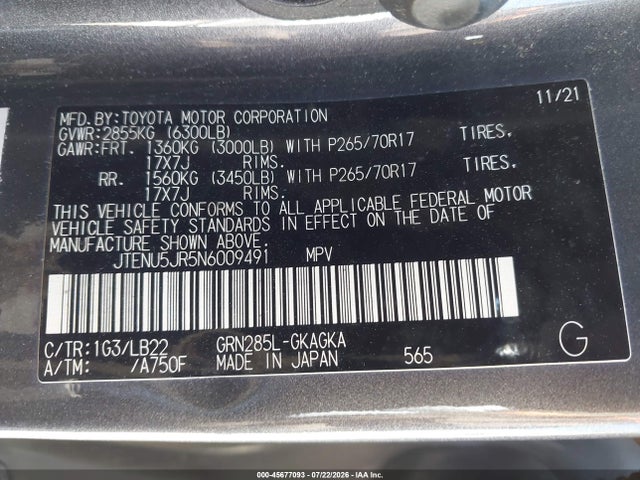 JTENU5JR5N6009491 Toyota 4runner Sr5 Premium