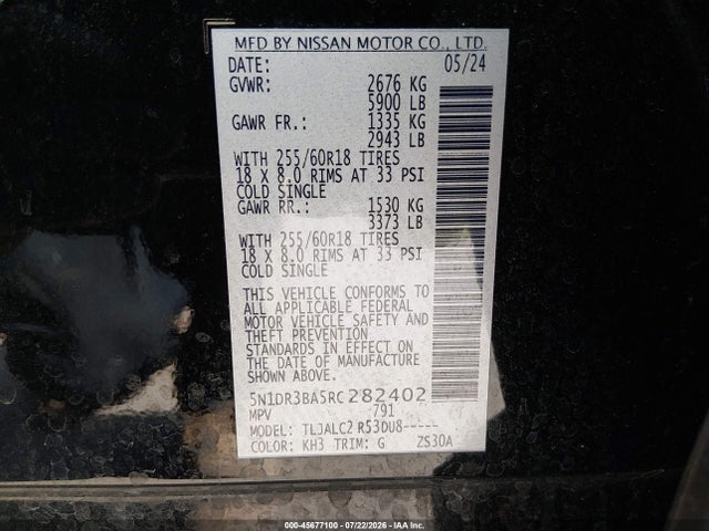 45677100 :رقم المزاد ، 5N1DR3BA5RC282402 vin ، 2024 Nissan Pathfinder Sv Fwd مزاد بيع