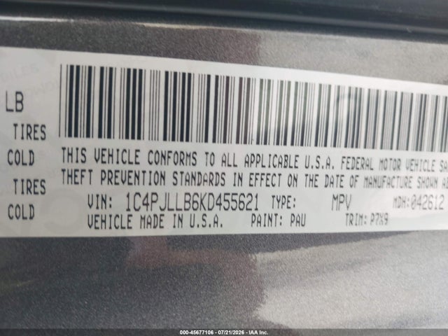 45677106 :رقم المزاد ، 1C4PJLLB6KD455621 vin ، 2019 Jeep Cherokee Latitude Plus Fwd مزاد بيع