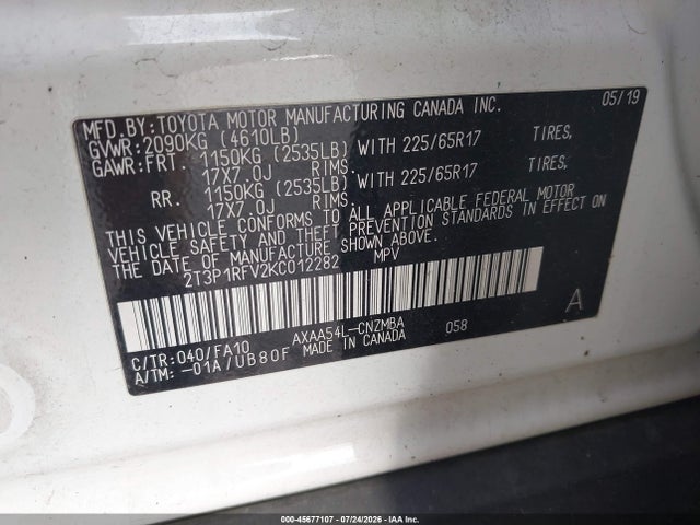 45677107 :رقم المزاد ، 2T3P1RFV2KC012282 vin ، 2019 Toyota Rav4 Xle مزاد بيع