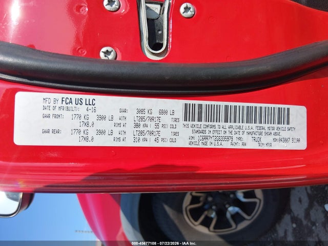 45677108 :رقم المزاد ، 1C6RR7YT2GS335979 vin ، 2016 Ram 1500 Rebel مزاد بيع