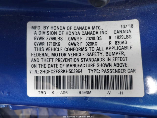 2HGFC2F88KH503964 Honda Civic Sport