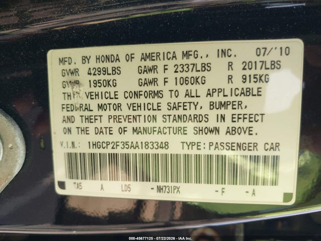 Aukcja sprzedaży 2010 Honda Accord 2.4 Lx, vin: 1HGCP2F35AA183348, numer aukcji: 45677125