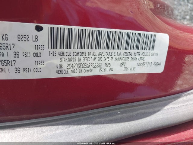 45677142 :رقم المزاد ، 2C4RDGEG5KR752392 vin ، 2019 Dodge Grand Caravan Gt مزاد بيع