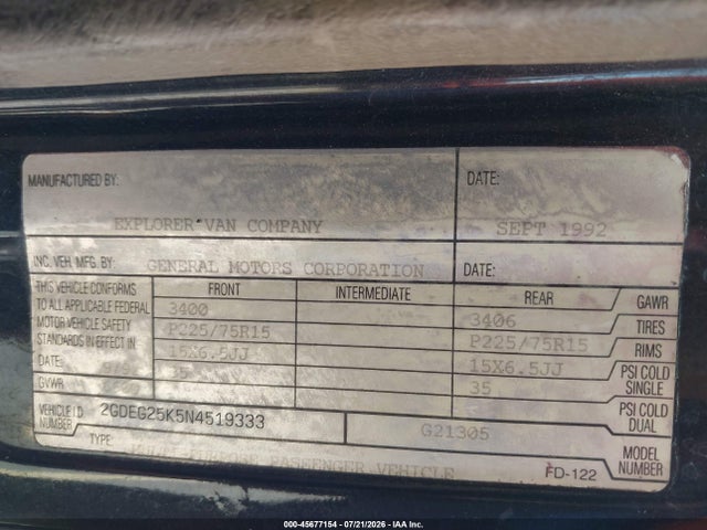Продаж на аукціоні авто 1992 Gmc Rally Wagon / Van G2500, vin: 2GDEG25K5N4519333, номер лоту: 45677154