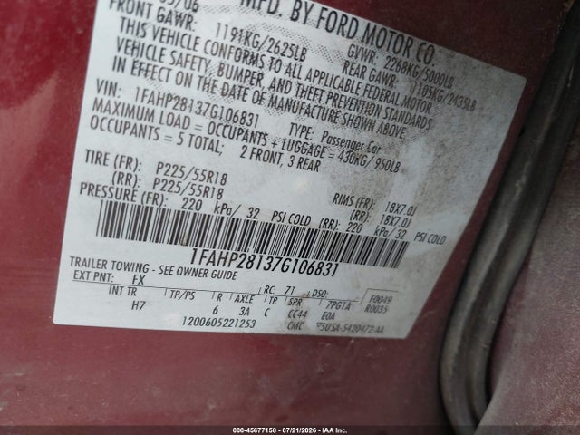 Продажа на аукционе авто 2007 Ford Five Hundred Limited, vin: 1FAHP28137G106831, номер лота: 45677158