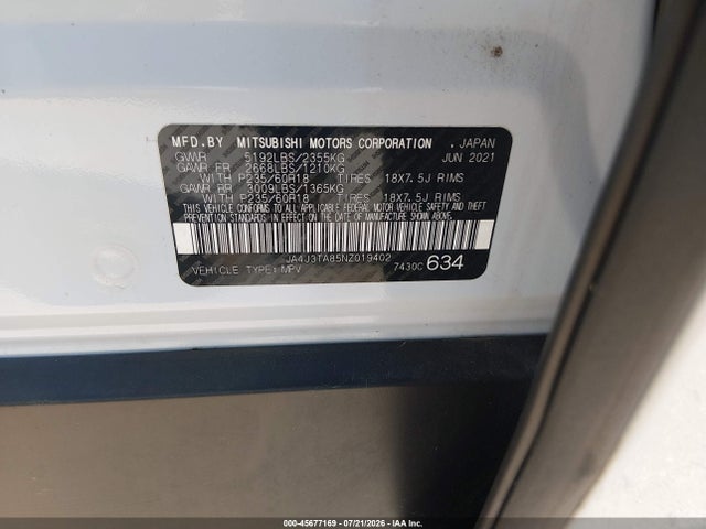 2022 Mitsubishi Outlander Es 2.5 2wd მანქანა იყიდება აუქციონზე, vin: JA4J3TA85NZ019402, აუქციონის ნომერი: 45677169
