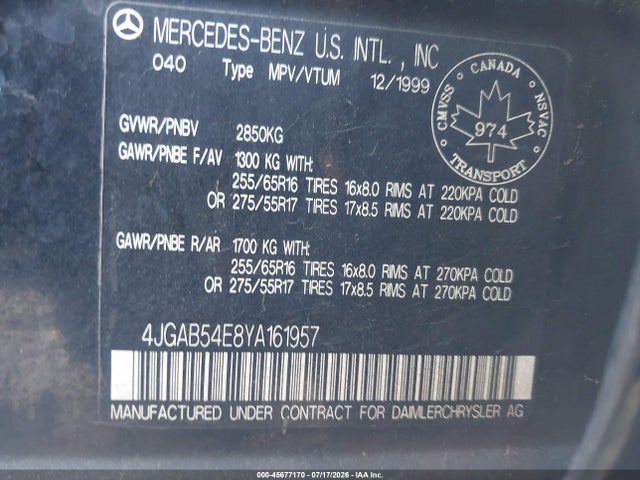 2000 Mercedes-benz Ml 320 მანქანა იყიდება აუქციონზე, vin: 4JGAB54E8YA161957, აუქციონის ნომერი: 45677170