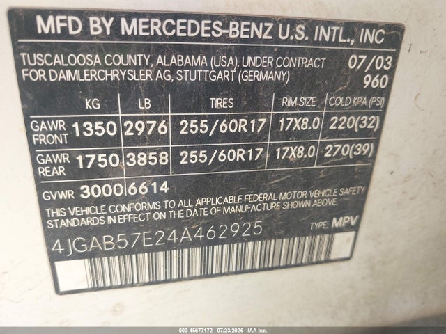 Aukcja sprzedaży 2004 Mercedes-benz Ml 350 4matic, vin: 4JGAB57E24A462925, numer aukcji: 45677172