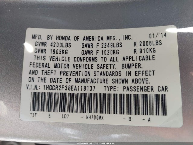 Honda ACCORD LX 2014 1HGCR2F38EA118137 Image 9