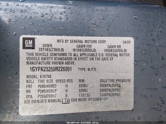 2009 Cadillac Escalade Standard მანქანა იყიდება აუქციონზე, vin: 1GYFK23269R226091, აუქციონის ნომერი: 45677194