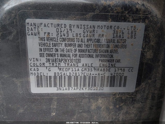 2019 Nissan Sentra Sv მანქანა იყიდება აუქციონზე, vin: 3N1AB7AP2KY301030, აუქციონის ნომერი: 45677196