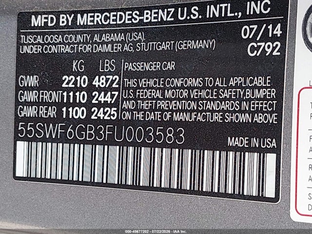 45677202 :رقم المزاد ، 55SWF6GB3FU003583 vin ، 2015 Mercedes-benz C 400 4matic مزاد بيع