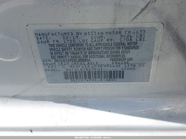 2019 Nissan Versa 1.6 Sv მანქანა იყიდება აუქციონზე, vin: 3N1CN7AP2KL850854, აუქციონის ნომერი: 45677230