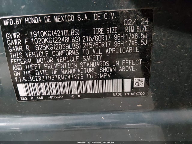 3CZRZ1H37RM747276 Honda Hr-v 2wd Lx