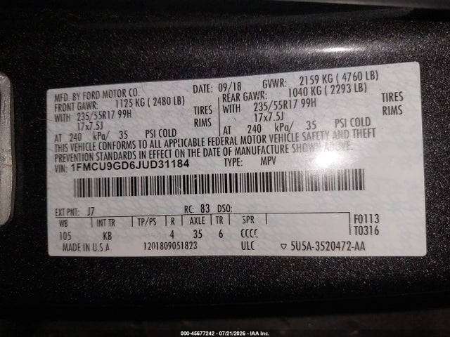 Ford ESCAPE SE 2018 1FMCU9GD6JUD31184 Image 9