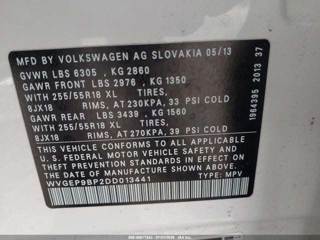 Продажа на аукционе авто 2013 Volkswagen Touareg Tdi Sport, vin: WVGEP9BP2DD013441, номер лота: 45677243