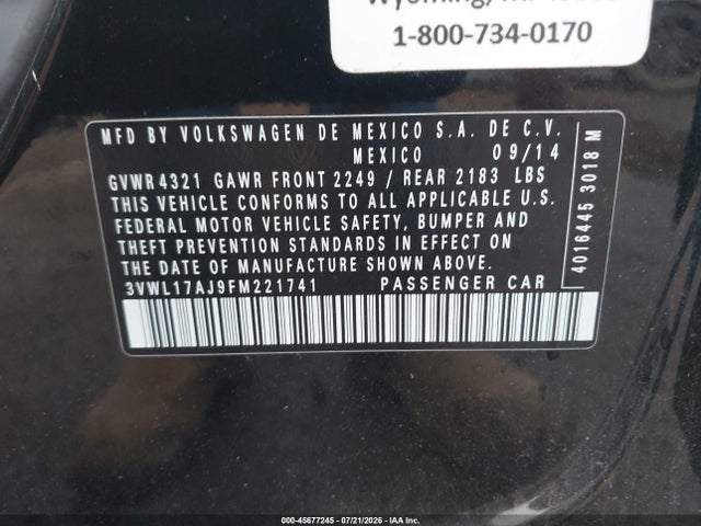 2015 Volkswagen Jetta 1.8t Sel მანქანა იყიდება აუქციონზე, vin: 3VWL17AJ9FM221741, აუქციონის ნომერი: 45677245