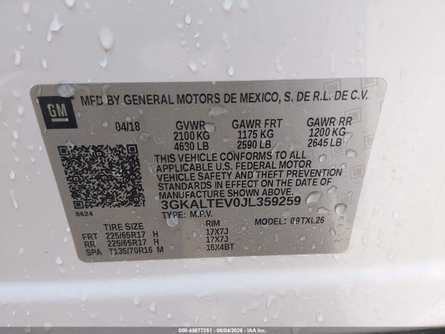 45677251 :رقم المزاد ، 3GKALTEV0JL359259 vin ، 2018 Gmc Terrain Sle مزاد بيع